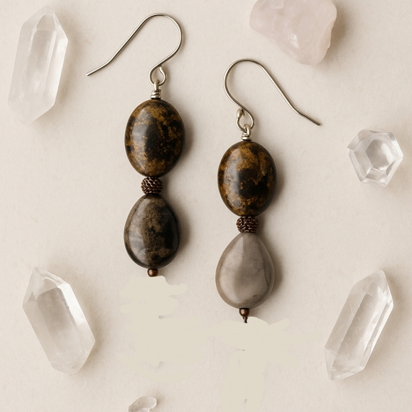 Bronzite and jasper drop earrings natural stone - Picture 1 of 4